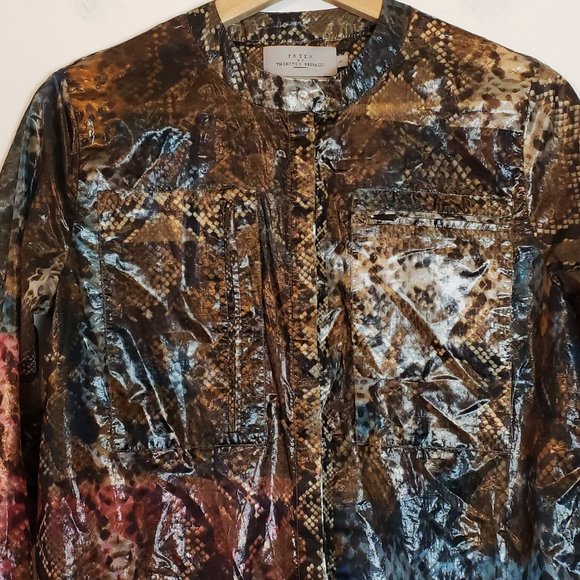 Preen Studio X Thornton Bregazzi Shirt Small Brown Blue Reptile Lame Pockets - Picture 2 of 14